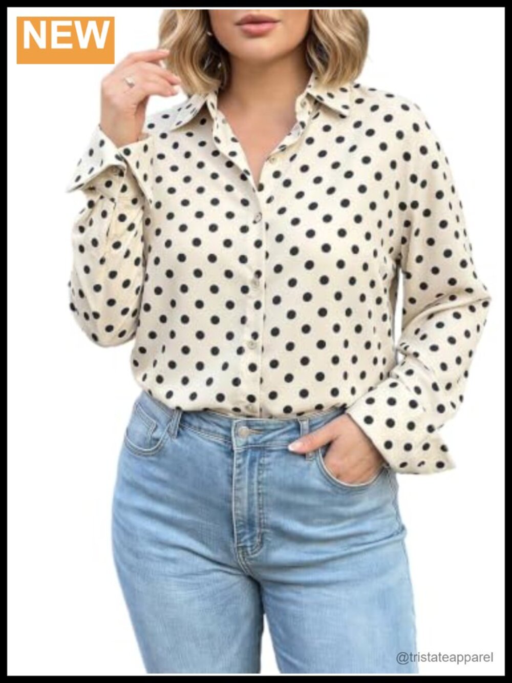 Plus Size Polka Dot Long Sleeve Button Down Blouse Soft Lightweight